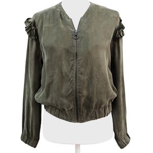 Reserved Army Green Ruffled‎ Zipper Windbreaker Women Lightweight Jacket